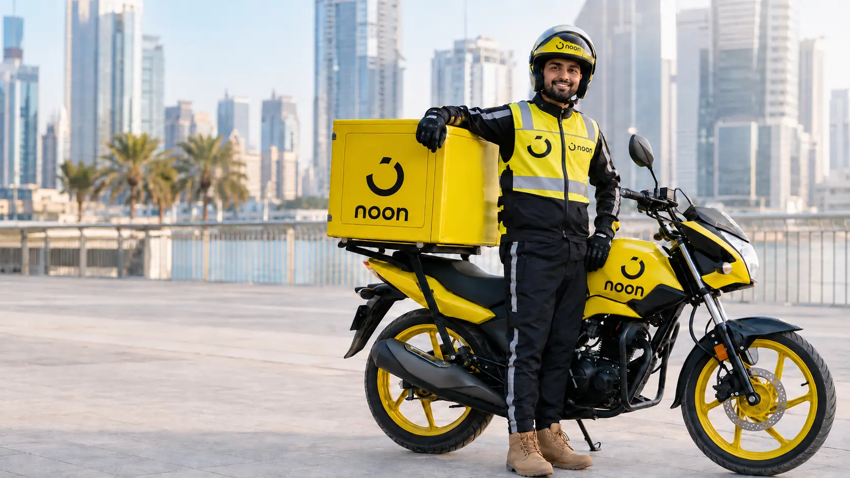 Representative South Asian delivery rider wearing Noon-branded equipment beside a Noon-branded motorcycle